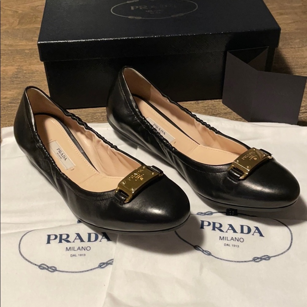 Authentic Prada ballet flat with gold hardware